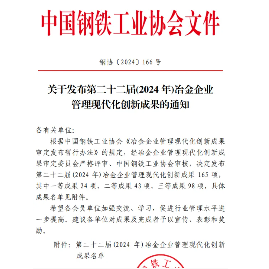 喜訊！龍鋼公司榮獲中鋼協(xié)冶金企業(yè)管理創(chuàng)新成果獎